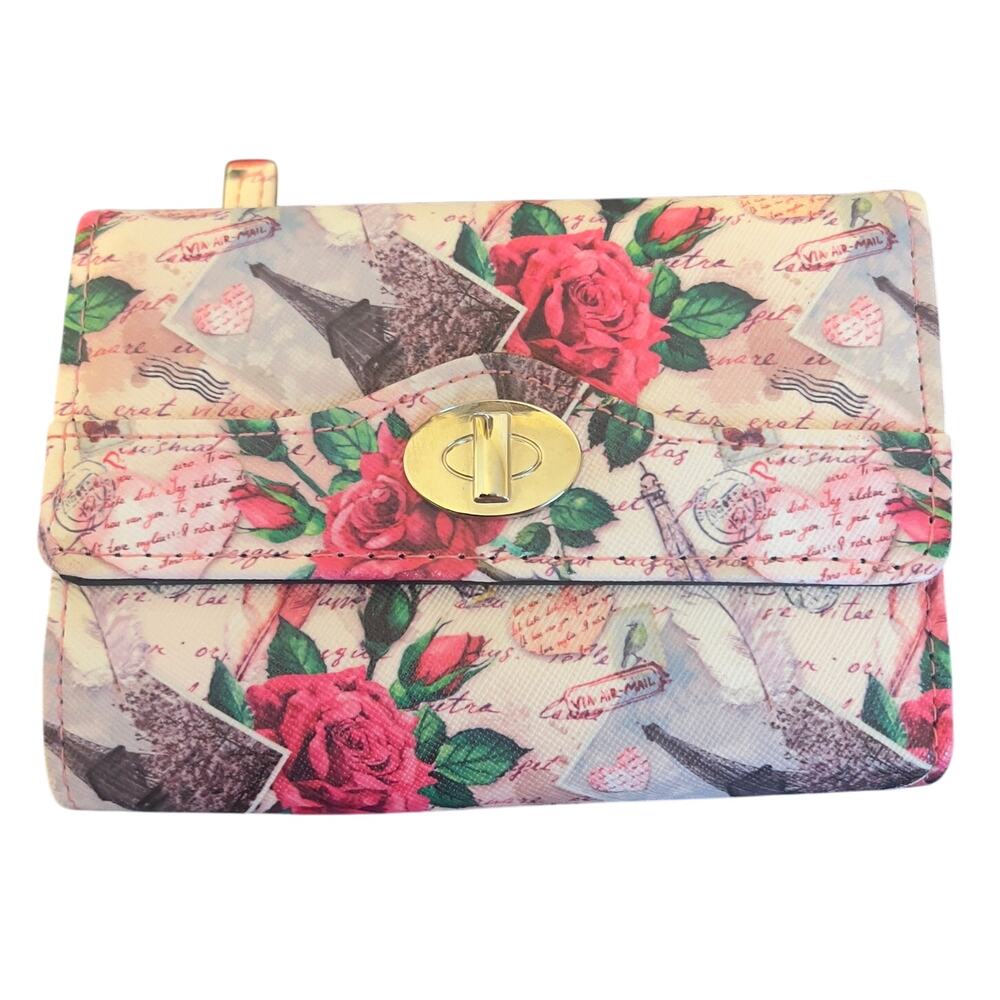 Safekeeper Tri-Fold Zipper Vinyl Floral Scrapbook Pink Rose Flower Scenic Wallet